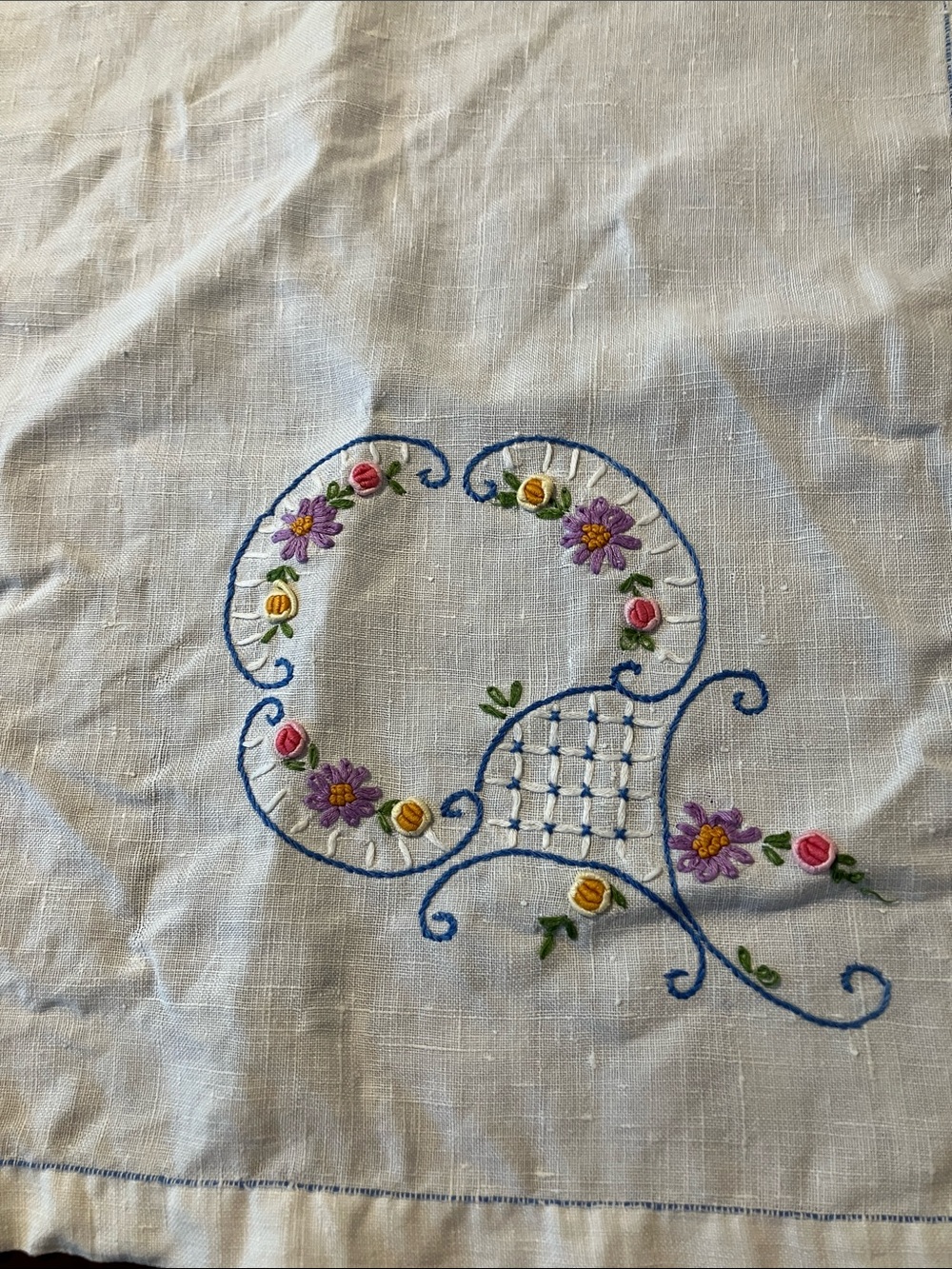 Vintage hand embroidered small linen tablecloth